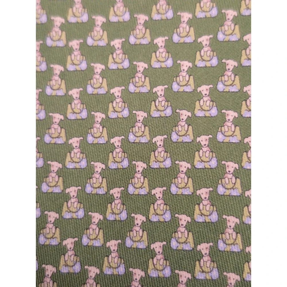 Salvatore Ferragamo Mens Silk Tie Green Whimsical Dog Animal Print Made in Italy
